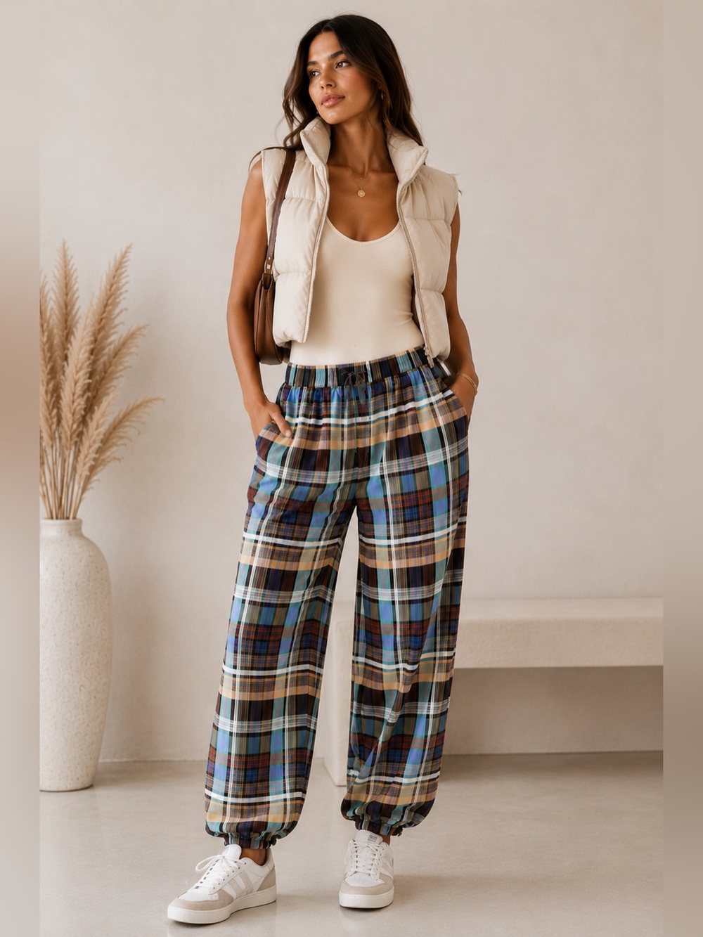 608. Free Spirit Plaid Jogger Pants in green multi